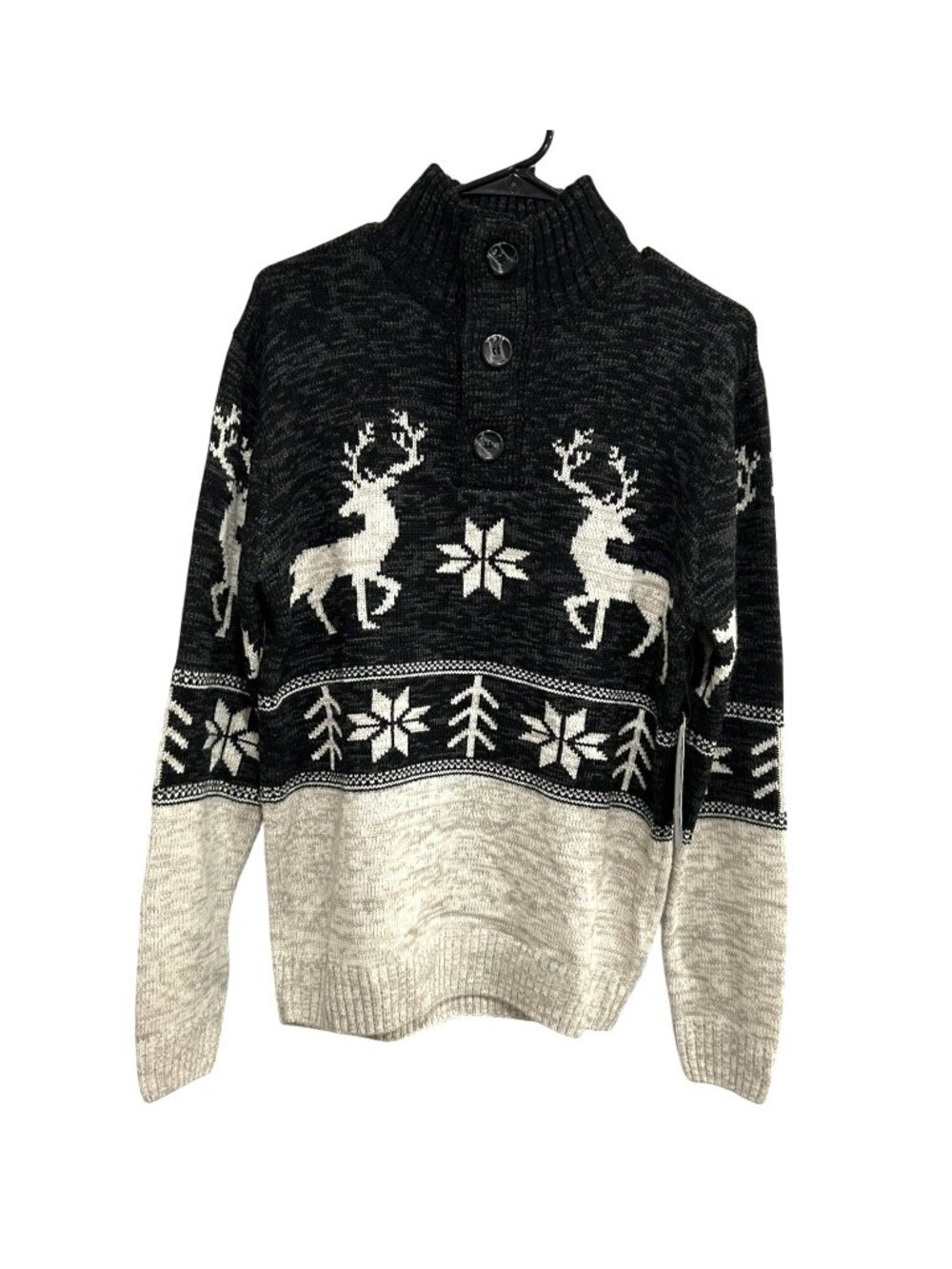 Amongst Others Medium Reindeer Pattern Sweater Black Beige Button Collar NEW